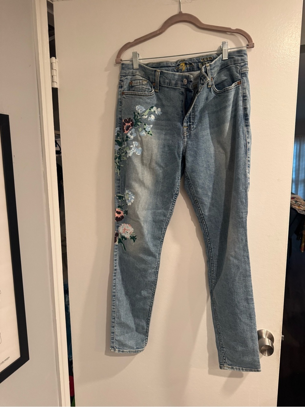 7 For All Mankind Light Blue Straight Leg Women's Size 12 Painted Floral jeans